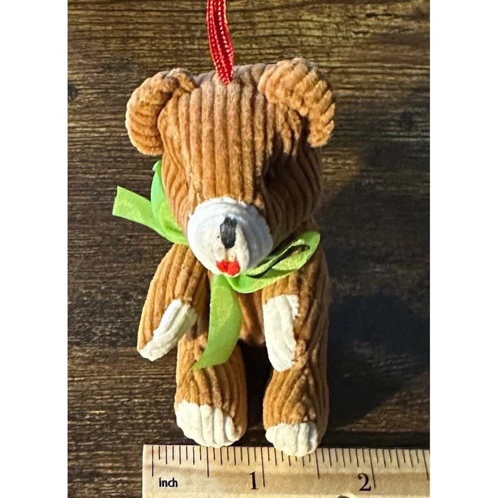 Small Fabric Miniature Teddy Bear Hanging Ornament w/ Ribbon, Brown 4 in